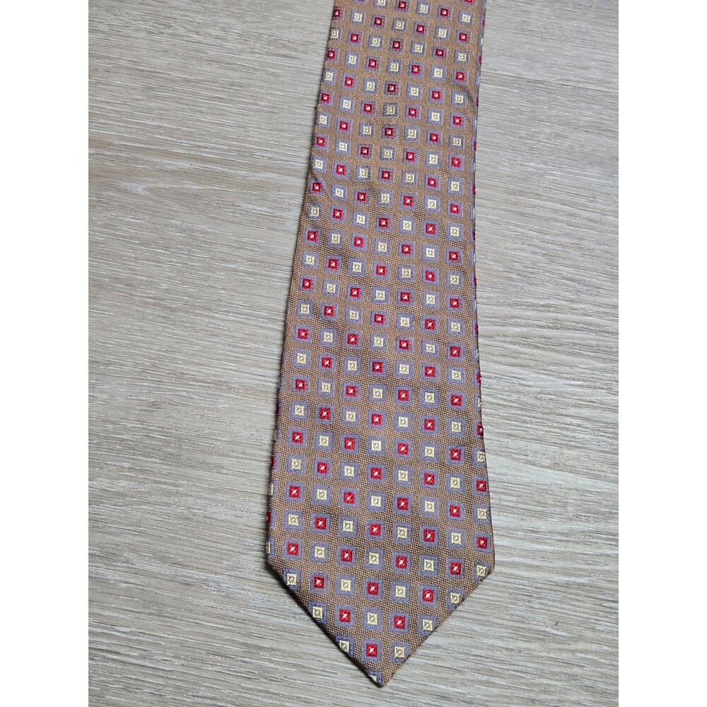 Express 100% Silk Geometric Tie Tan Red Blue Square Pattern Necktie